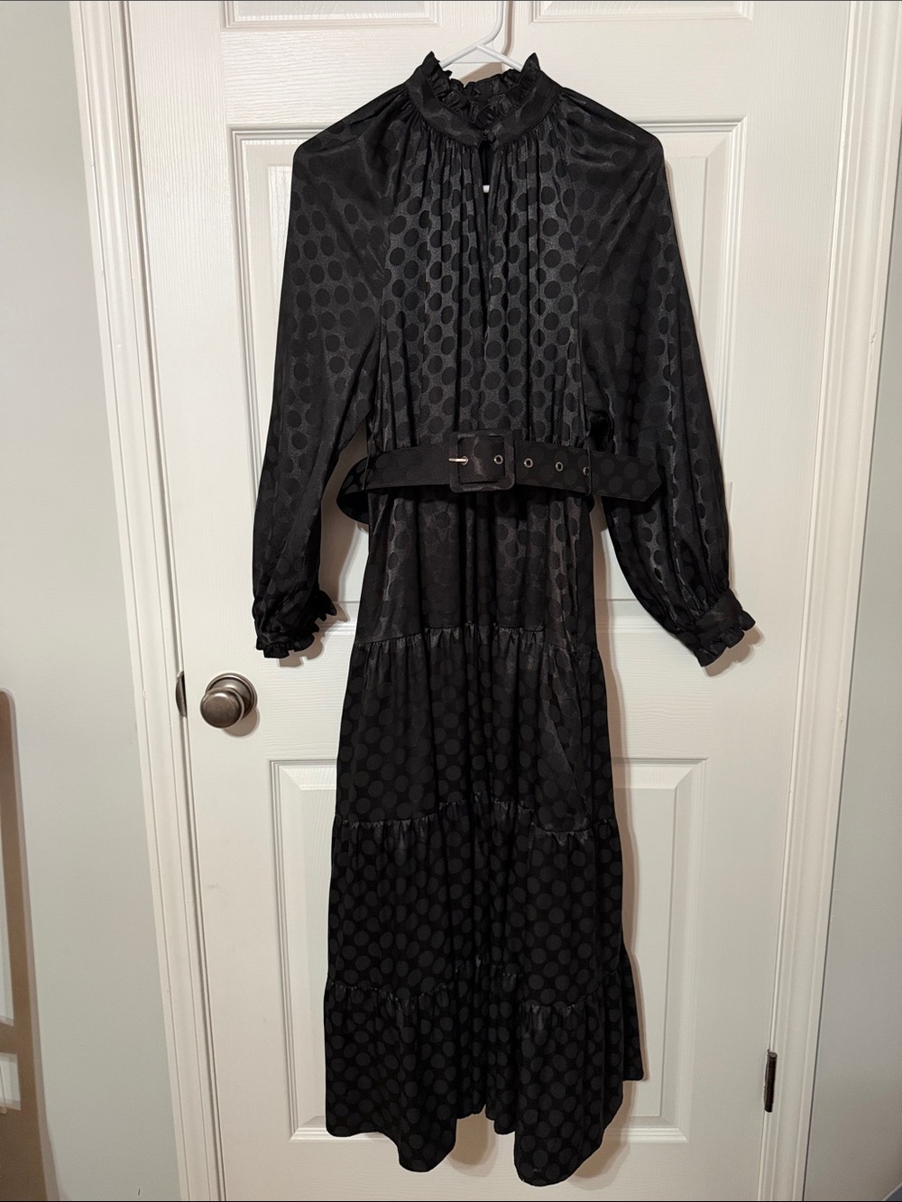 CROSBY by Mollie Burch Black Polka Dot Ruffled Maxi Dress with Belt